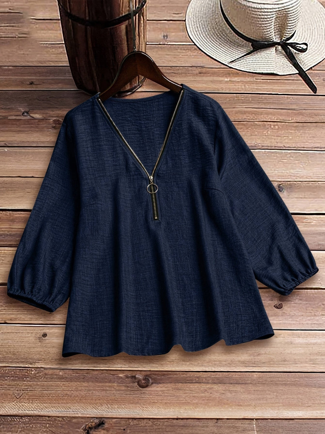 Zipper V-neck Elegant Spring and Autumn Shirt, Elegant and Comfortable, Three-quarter Sleeve Medium Length, Suitable for Vacation, Leisure, Work