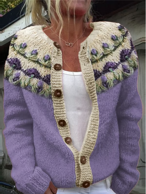 karren - Purple Floral Knitted Cardigan